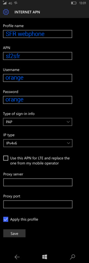 configuration APN RED By SFR Microsoft Lumia 535